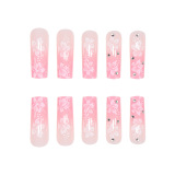 Casual Flowers Print Gradient Rhinestone Decor Press On Nails Square Shape French Style Fake Nails