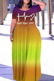 Casual Letter Gradient Print O Neck Short Sleeve Floor Length Long Baggy Vacation Maxi T Shirt Dress