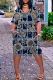 Casual Graphics Print Basic V Neck Short Sleeve Pockets Loose T-shirt Dresses