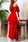 Sexy Oblique Collar Dropped Shoulder Irregular Ruffle Tiered Hem Front Slit Evening Formal Prom Maxi Dresses