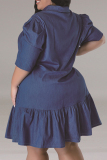 Casual Turndown Collar Half Sleeve Straight Ruffle Hem Plus Size Loose Pleated Denim Mini Dress
