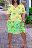 Casual Graphics Print Basic V Neck Short Sleeve Pockets Loose T-shirt Dresses