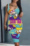 Casual Cartoon Print Basic U Neck Sleeveless Bodycon Midi Tank Dresses