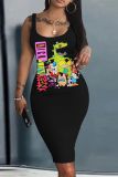 Casual Cartoon Print Basic U Neck Sleeveless Bodycon Midi Tank Dresses