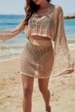 Sexy O Neck Long Sleeve Hollow Out See-Through Belted Knitted Crop Tops And Mini Skirt Vacation Beach Two Pieces Dress Sets