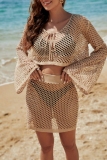 Sexy O Neck Long Sleeve Hollow Out See-Through Belted Knitted Crop Tops And Mini Skirt Vacation Beach Two Pieces Dress Sets