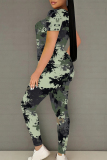Sportwear Casual Camouflage Print O Neck Short Sleeve Slim Fitted T-shirt And Pants Two Pieces Matching Sets