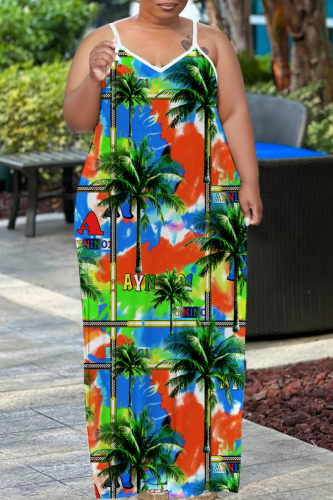Casual Graphics Print Backless Spaghetti Strap Floor Length Plus Size Baggy Vacation Maxi Slip Dresses