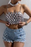 Sexy Club Diamond Decor Backless Spaghetti Strap Hollow Out Chains Cami Crop Tops