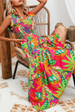 Sexy Floral Print Backless Belted Spaghetti Strap Sleeveless Tie Shoulder Vacation A Line Maxi Slip Dresses