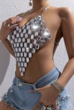 Sexy Club Diamond Chain Backless V Neck Spaghetti Strap Hollow Out Irregular Halter Tops
