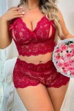 Sexy Lace Flower Print Backless Spaghetti Stra Hollow Out See-Through Plus Size Two Pieces Lingerie