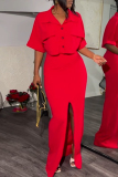 Formal Turndown Collar Half Sleeve Pocket Crop Blouse And Front Slit Maxi Skirt Office Lady Two Piece Dress