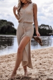 SexyV Neck Sleeveless See-Through Side Slit Vacation Beach Knitted Tank Maxi Dresses