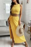 Casual O Neck Sleeveless Tank Crop Tops And Lace Up Side Slit Maxi Skirt Vacation Two Pieces Dress Sets