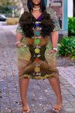 Casual Figure Print V Neck Short Sleeve Pockets Loose T-shirt Dresses