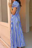 Casual Striped Print V Neck Hubble-Bubble Sleeve Pocket Vacation A Line Maxi Swing Dress