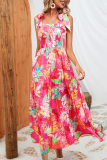 Sexy Floral Print Backless Belted Spaghetti Strap Sleeveless Tie Shoulder Vacation A Line Maxi Slip Dresses