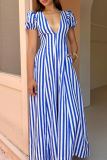 Casual Striped Print V Neck Hubble-Bubble Sleeve Pocket Vacation A Line Maxi Swing Dress