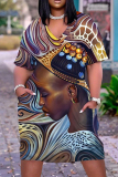 Casual Figure Print V Neck Short Sleeve Pockets Loose T-shirt Dresses