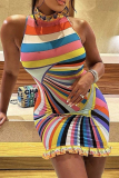Casual Stripe Print Half A Turtleneck Sleeveless Wrapped Skirt Vacation Bodycon Mini Tank Dresses