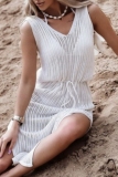 SexyV Neck Sleeveless See-Through Side Slit Vacation Beach Knitted Tank Maxi Dresses
