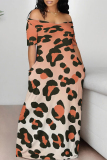 Casual Leopard Print Off Shoulder Short Sleeve Baggy Vacation Maxi T-shirt Dresses