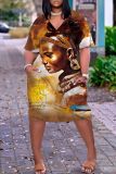 Casual Figure Print V Neck Short Sleeve Pockets Loose T-shirt Dresses