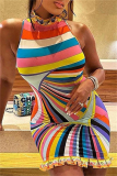 Casual Stripe Print Half A Turtleneck Sleeveless Wrapped Skirt Vacation Bodycon Mini Tank Dresses