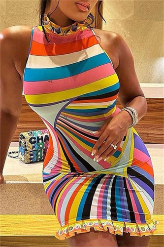 Casual Stripe Print Half A Turtleneck Sleeveless Wrapped Skirt Vacation Bodycon Mini Tank Dresses