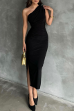 Sexy Oblique Collar Sleeveless Side Slit One Step Skirt Slit Formal Party Evening Bodycon Midi Dresses
