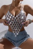 Sexy Club Diamond Chain Backless V Neck Spaghetti Strap Hollow Out Irregular Halter Tops