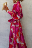 Sexy Celebrities Floral Print Lace Up V Neck Long Sleeve Front Tie Cinch Waist Vacation A Line Maxi Shirt Dresses
