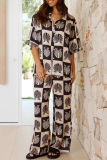 Casual Graphics Print Turndown Collar Half Sleeve Shirt And Wide Leg Pants Vacation Two Pieces Trouser Sets
