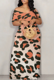 Casual Leopard Print Off Shoulder Short Sleeve Baggy Vacation Maxi T-shirt Dresses