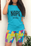 Casual Letter Gradient Print O Neck Short Sleeve Oversize T-shirt And Shorts Two Pieces Shorts Sets