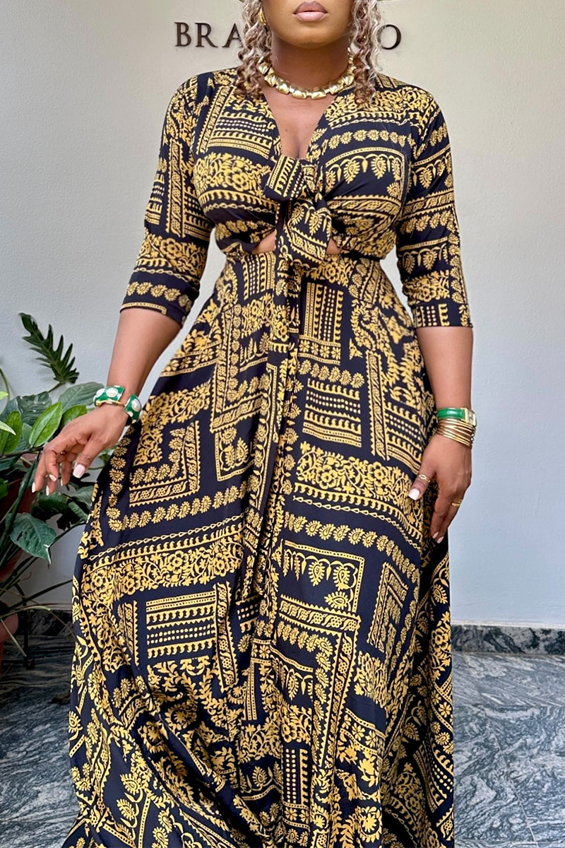 V-Neck Loose Peris Print Vacation Long Sleeve Maxi Dress