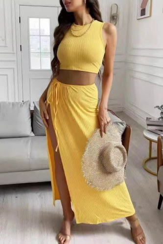 Casual O Neck Sleeveless Tank Crop Tops And Lace Up Side Slit Maxi Skirt Vacation Two Pieces Dress Sets