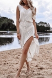 SexyV Neck Sleeveless See-Through Side Slit Vacation Beach Knitted Tank Maxi Dresses