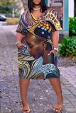 Casual Figure Print V Neck Short Sleeve Pockets Loose T-shirt Dresses