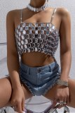 Sexy Club Diamond Decor Backless Spaghetti Strap Hollow Out Chains Cami Crop Tops