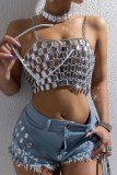 Sexy Club Diamond Decor Backless Spaghetti Strap Hollow Out Chains Cami Crop Tops