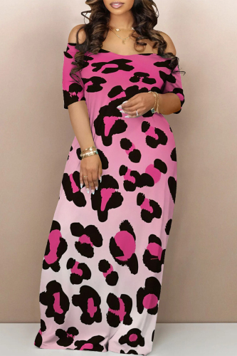 Casual Leopard Print Off Shoulder Short Sleeve Baggy Vacation Maxi T-shirt Dresses
