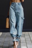 Casual Pocket Belted Regular High Waist Distressed Denim Jeans