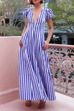 Casual Striped Print V Neck Hubble-Bubble Sleeve Pocket Vacation A Line Maxi Swing Dress