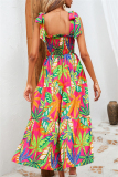 Sexy Floral Print Backless Belted Spaghetti Strap Sleeveless Tie Shoulder Vacation A Line Maxi Slip Dresses