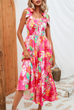 Sexy Floral Print Backless Belted Spaghetti Strap Sleeveless Tie Shoulder Vacation A Line Maxi Slip Dresses