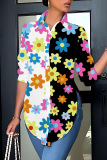 Casual Flowers Print Turndown Collar Long Sleeve Vacation Side Slit Shirt
