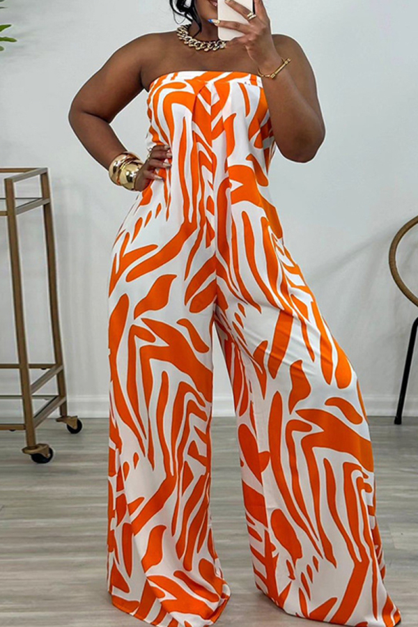 Celebrities Graphics Print Strapless Sleeveless Zipper Vacation Loose Tube Top Wide Leg Jumpsuit