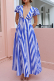 Casual Striped Print V Neck Hubble-Bubble Sleeve Pocket Vacation A Line Maxi Swing Dress